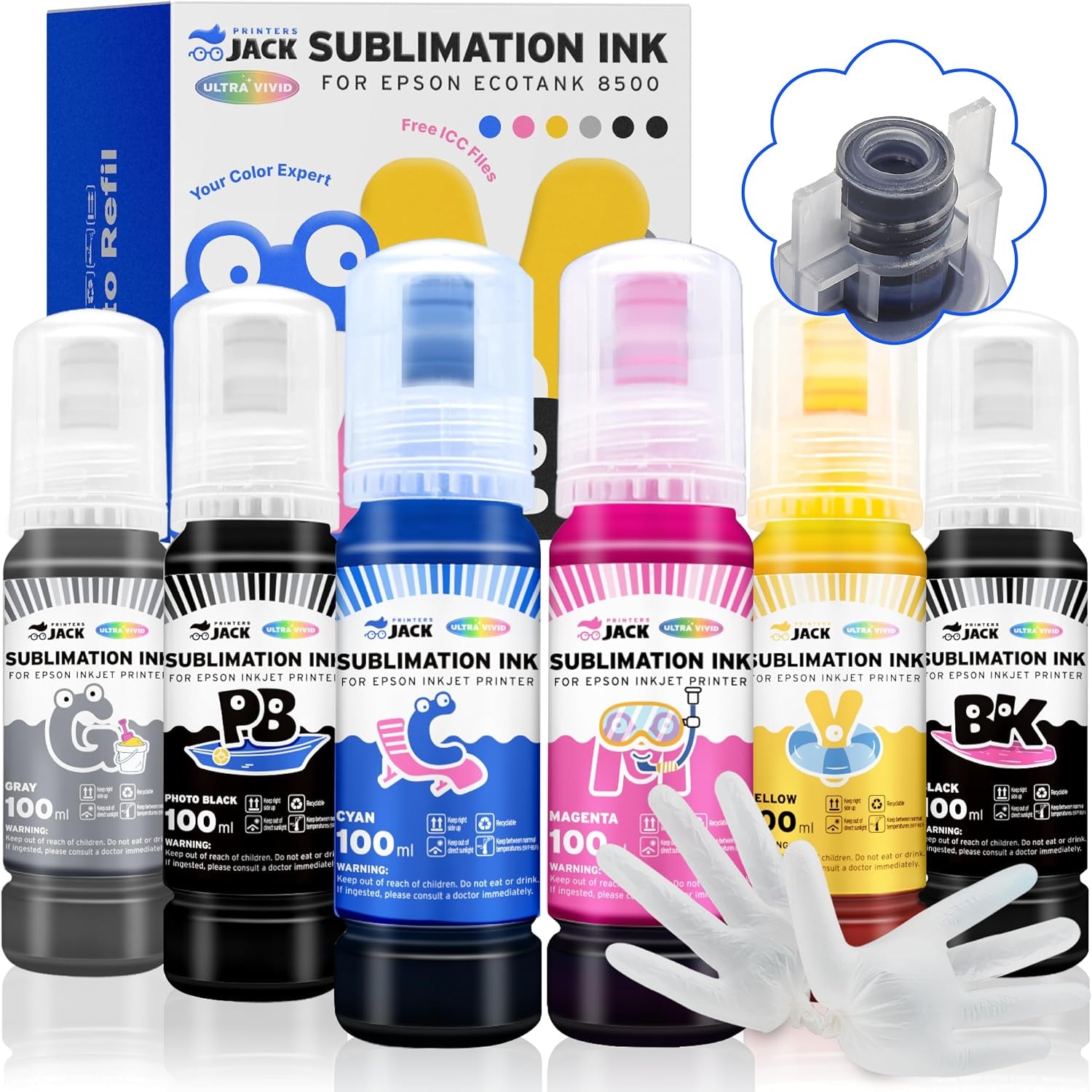 Printers Jack 600ML Sublimation Ink for ET-8550 ET-8500 Wide-Format Supertank Printers Heat Press Transfer on T-Shirt (6X100Ml, 6 Colors-Bk PB CM Y GY) Bigger Bottles with More Ink Auto Fill the Tanks
