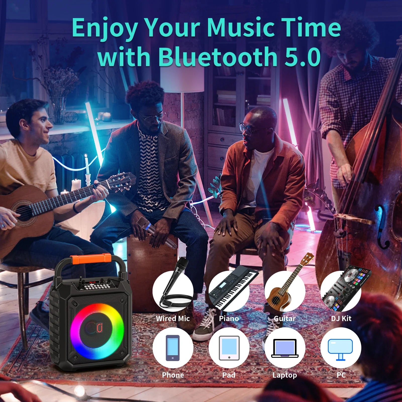 Portable Speaker, 20W Stereo Sound New Party Speaker with Microphone and Colorful Lights, 12H Playing Time Bluetooth Speaker for Home Outdoor and Travel