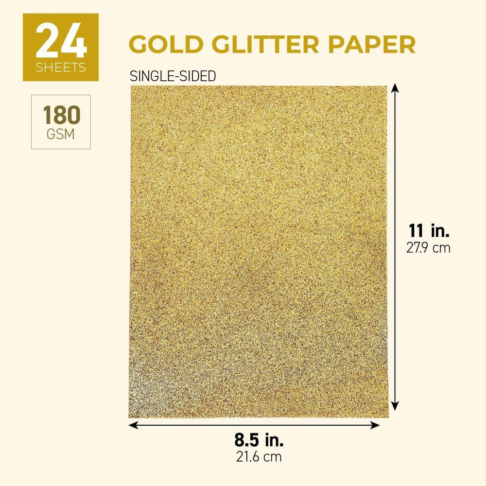 24 Sheets Glitter Gold Paper for Crafts, Wedding Invitations, Card Making, Scrapbook, Single Sided (8.5 X 11 In)