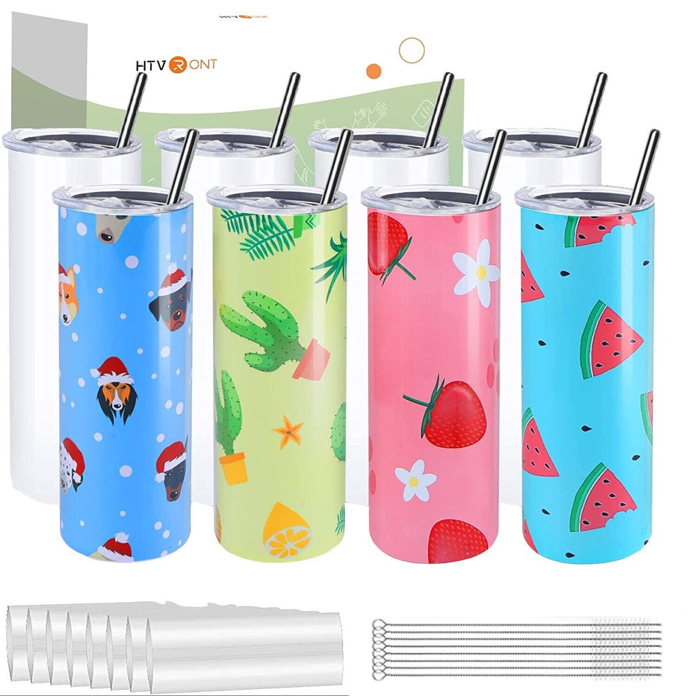 8 Pack Sublimation Blanks Tumblers 20 OZ Skinny Stainless Steel Mugs with Box, Paper and Straw