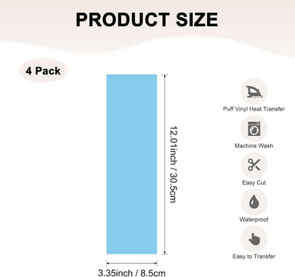 4 Sheets 3D Puff Vinyl Heat Transfer 12X3.4 Inch Puff Vinyl Heat Transfer Light Blue Foaming HTV Sheets Iron-On for T-Shirts/Diy Fabric