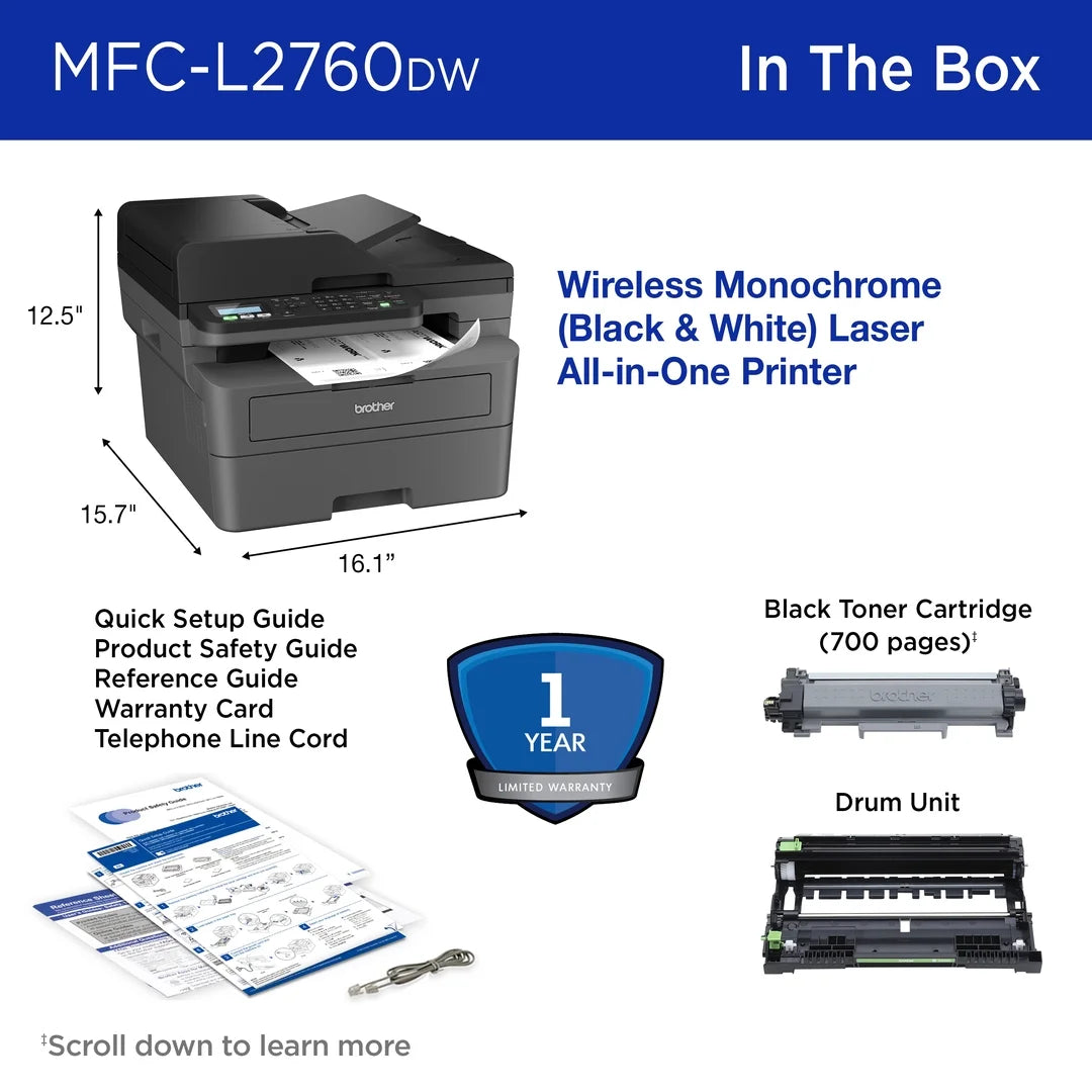 Wireless MFC-L2760DW Compact Monochrome All-In-One Laser Printer with Copy, Scan and Fax, Duplex and Mobile Printing
