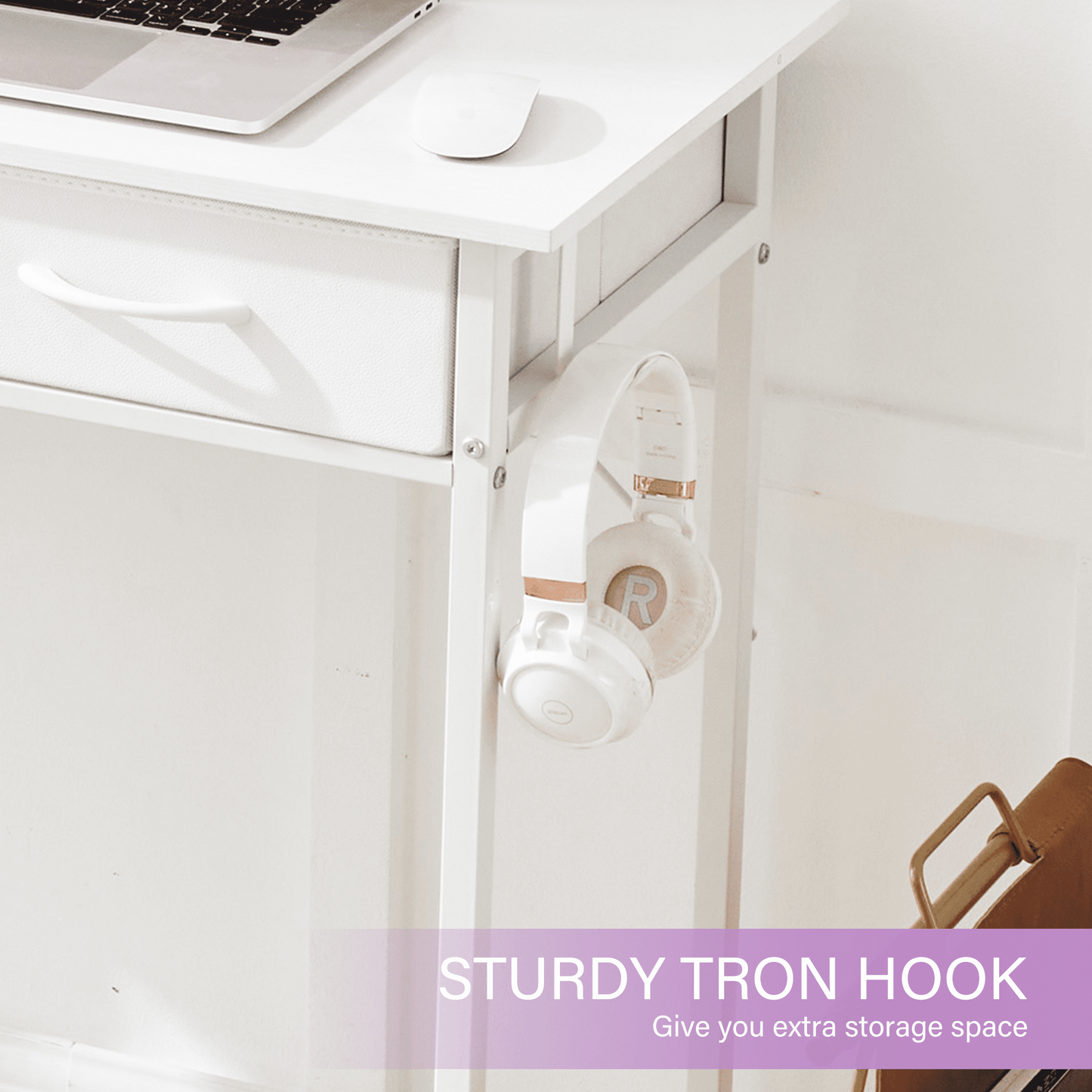 32 Inch Small Desk with Fabric Drawers & Storage Bag Iron Hook, Computer Desk,White Vanity Desk with Storage for Bedroom, White
