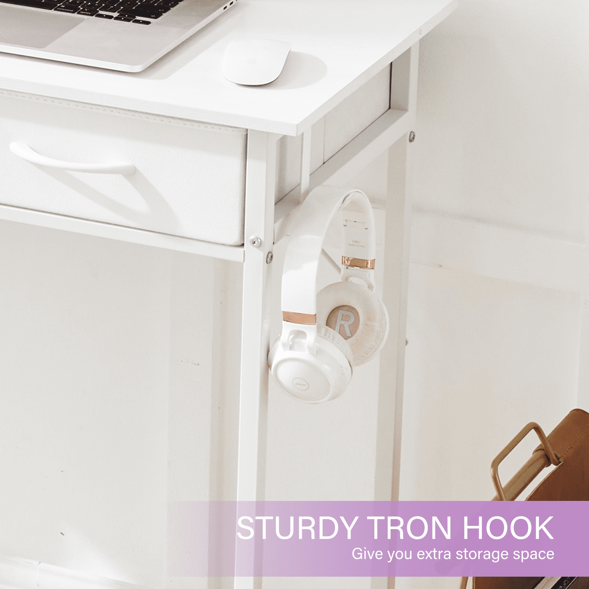32 Inch Small Desk with Fabric Drawers & Storage Bag Iron Hook, Computer Desk,White Vanity Desk with Storage for Bedroom, White