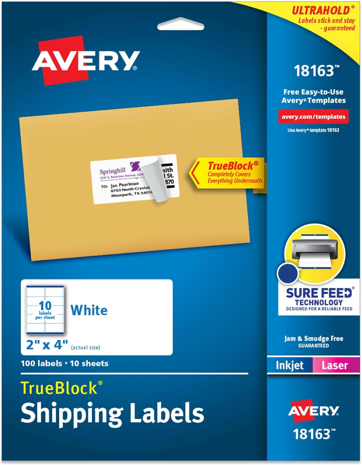 Printable Shipping Labels with Sure Feed, 2" X 4" Customizable Stickers, White, 100 Blank Mailing Labels, Great for Mailing, Shipping, and More (18163)