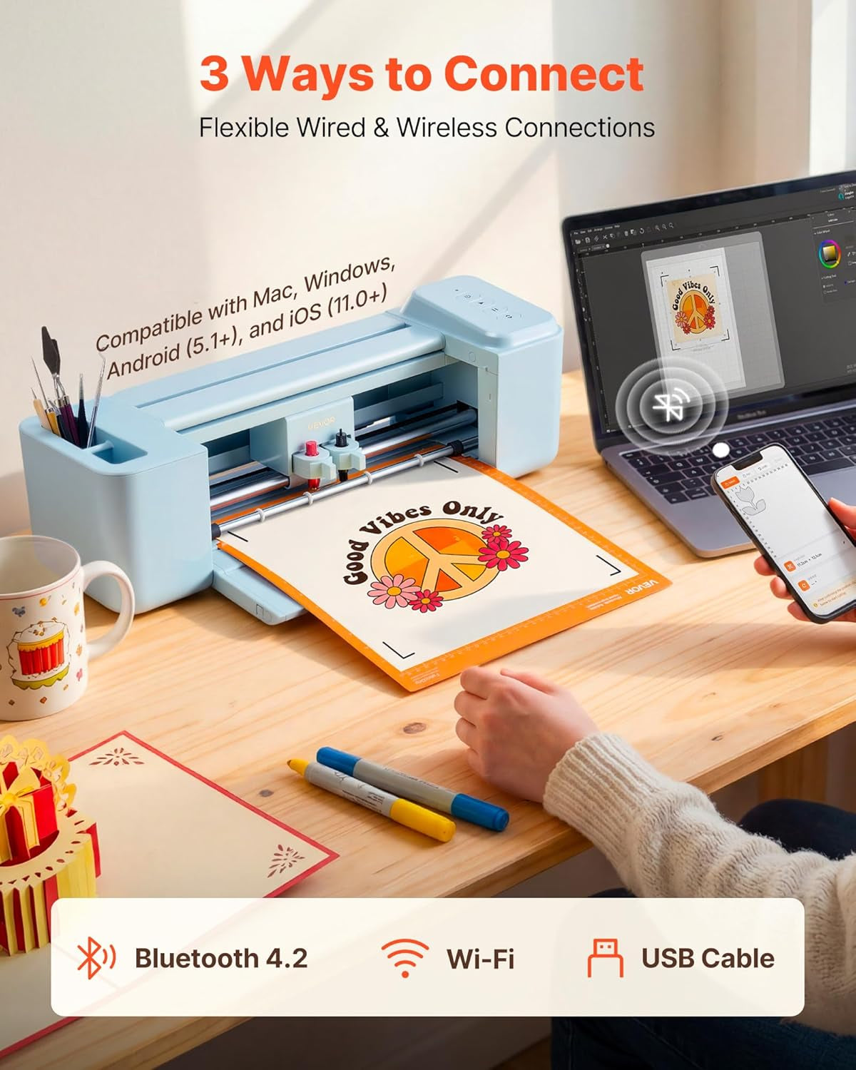 VEVOR Vinyl Cutting Machine, 12 In, Button-Controlled Vinyl Cutter, 5000+ Built-In Design Resources, Compatible with Mac, Windows, Android and Ios, for Creating Customized Crafts Cards, Home Decor