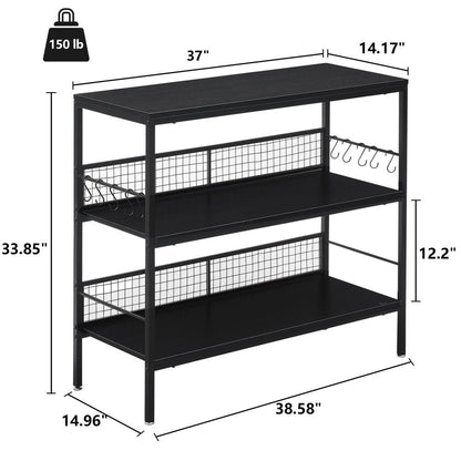 40"W Large Kitchen Island, 3 Tier Utility Mobile Cart Wine Storage Rolling Coffee Bar, Black