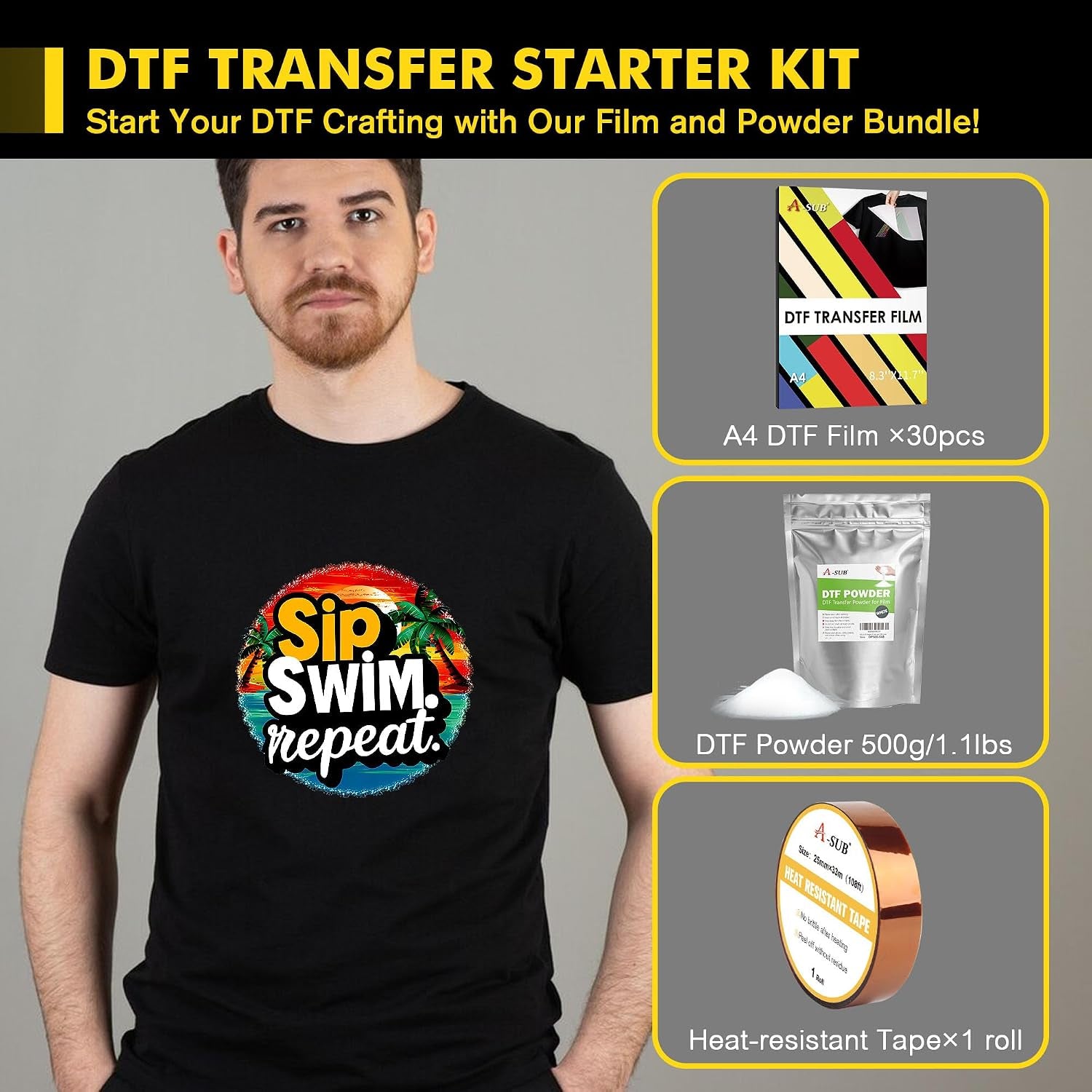A-SUB DTF Transfer Film and Powder Kit for Sublimation & DTF Printer | 30 Sheets A4 DTF Film, 1.1Lb White Medium Powder, for Printing on Any Fabrics