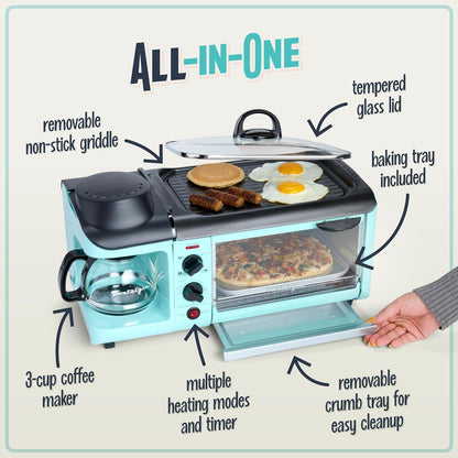 Nostalgia 3-In-1 Breakfast Station - Includes Coffee Maker, Non-Stick Griddle, and 4-Slice Toaster Oven - Versatile Breakfast Maker with Timer - Aqua