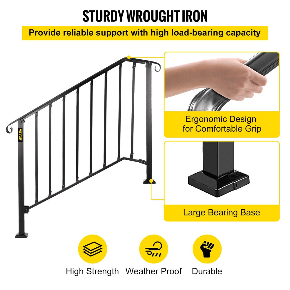 brand Handrail for Stairs Fits 3 or 4 Steps Outdoor Handrail Rail Height Adjustable Wrought Iron Handrail, Matte Black