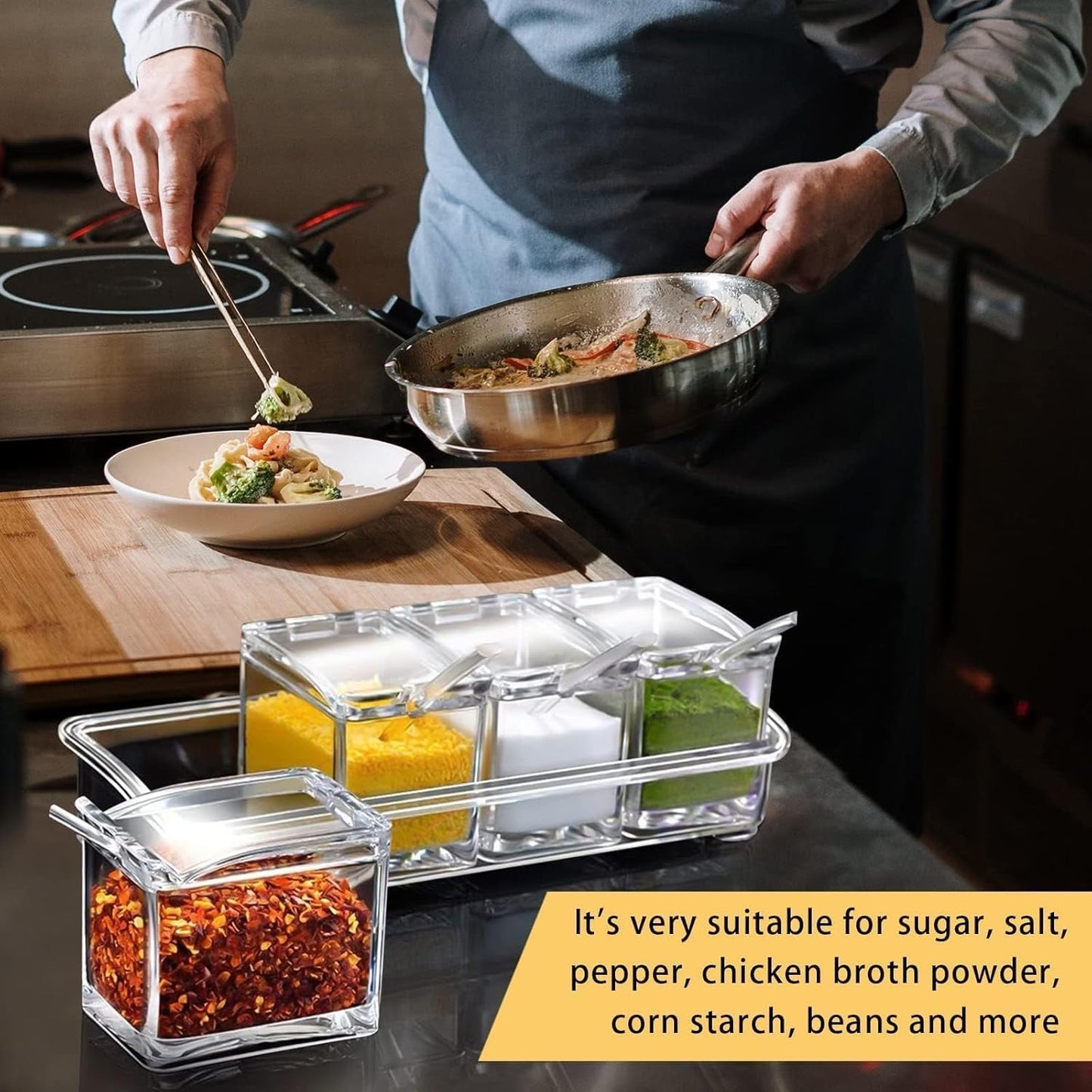 Clear Seasoning Box, 4 Pieces Seasoning Rack Spice Pots, Storage Container Condiment Jars Acrylic with Cover and Spoon for Sugar Salt Cardamon Cinnamon Tea Herbal (Basic Clear)