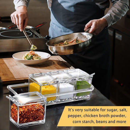 Clear Seasoning Box, 4 Pieces Seasoning Rack Spice Pots, Storage Container Condiment Jars Acrylic with Cover and Spoon for Sugar Salt Cardamon Cinnamon Tea Herbal (Basic Clear)