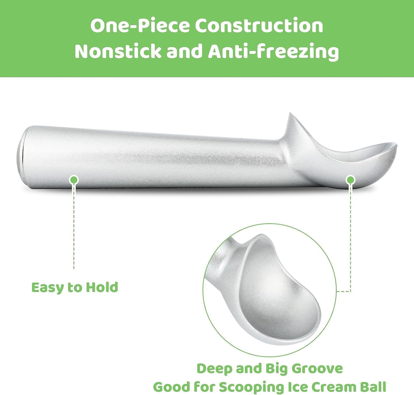 Ice Cream Scoop,7 Inches Nonstick Anti-Freeze One Piece Aluminum Scooper Spoon, Heavy Duty Durable Design, Easy Clean, for Gelato, Cookie Dough, Sorbet, Almond (Silver)
