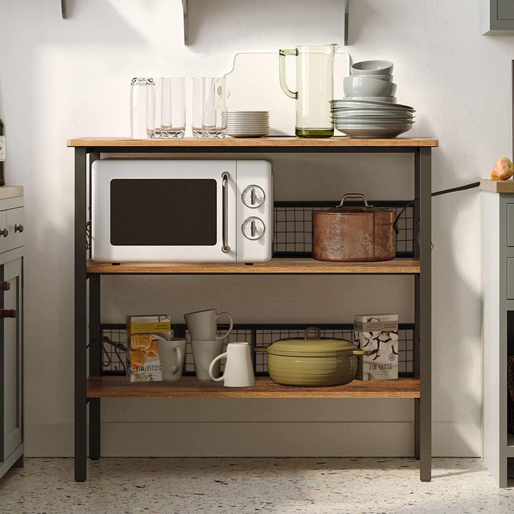 Rolling Kitchen Storage Cart Island with Large Open Shelves and Large Worktop, 3-Tier Kitchen Baker’S Rack with 10 Hooks, Stable Steel Structure and Easy Assembly, Rustic Brown