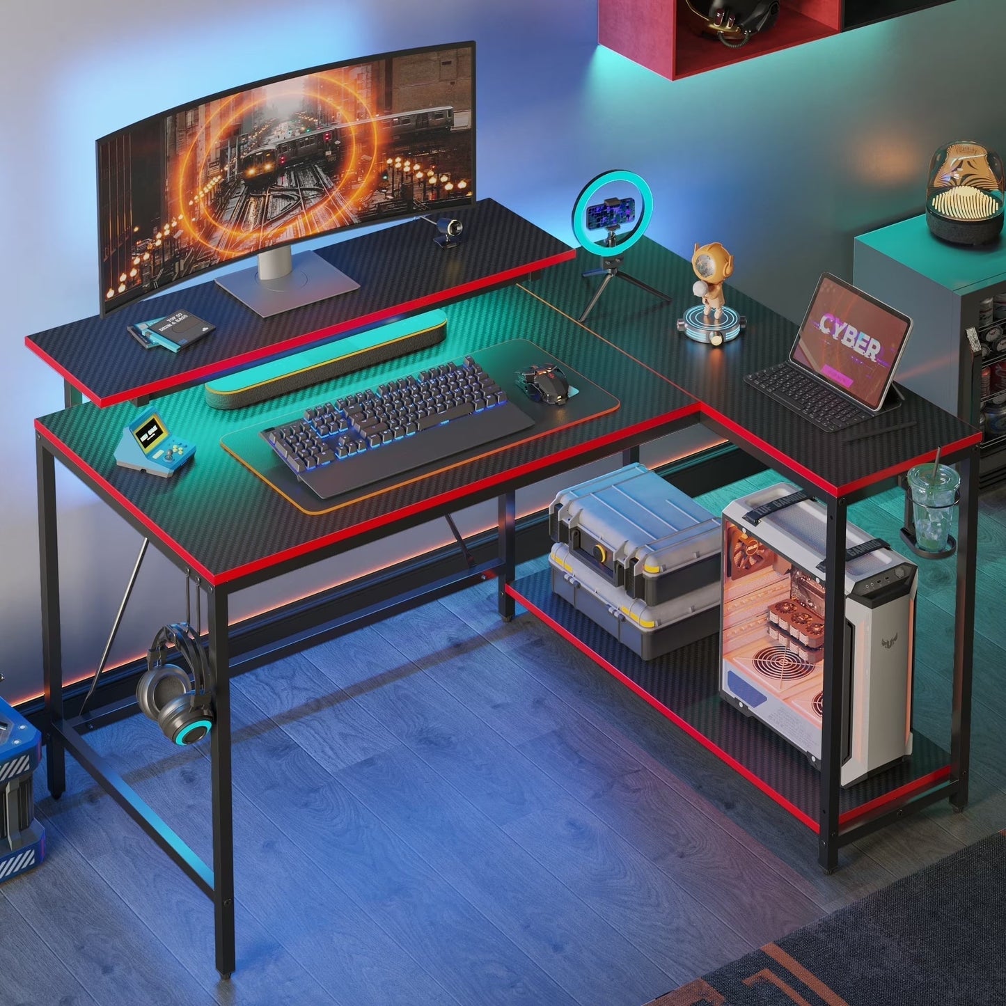 42" Reversible L-Shaped Gaming Desk with Monitor Stand, LED Lights& Headset Hooks, Home Office, Carbon Fiber Black