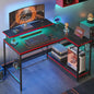 42" Reversible L-Shaped Gaming Desk with Monitor Stand, LED Lights& Headset Hooks, Home Office, Carbon Fiber Black
