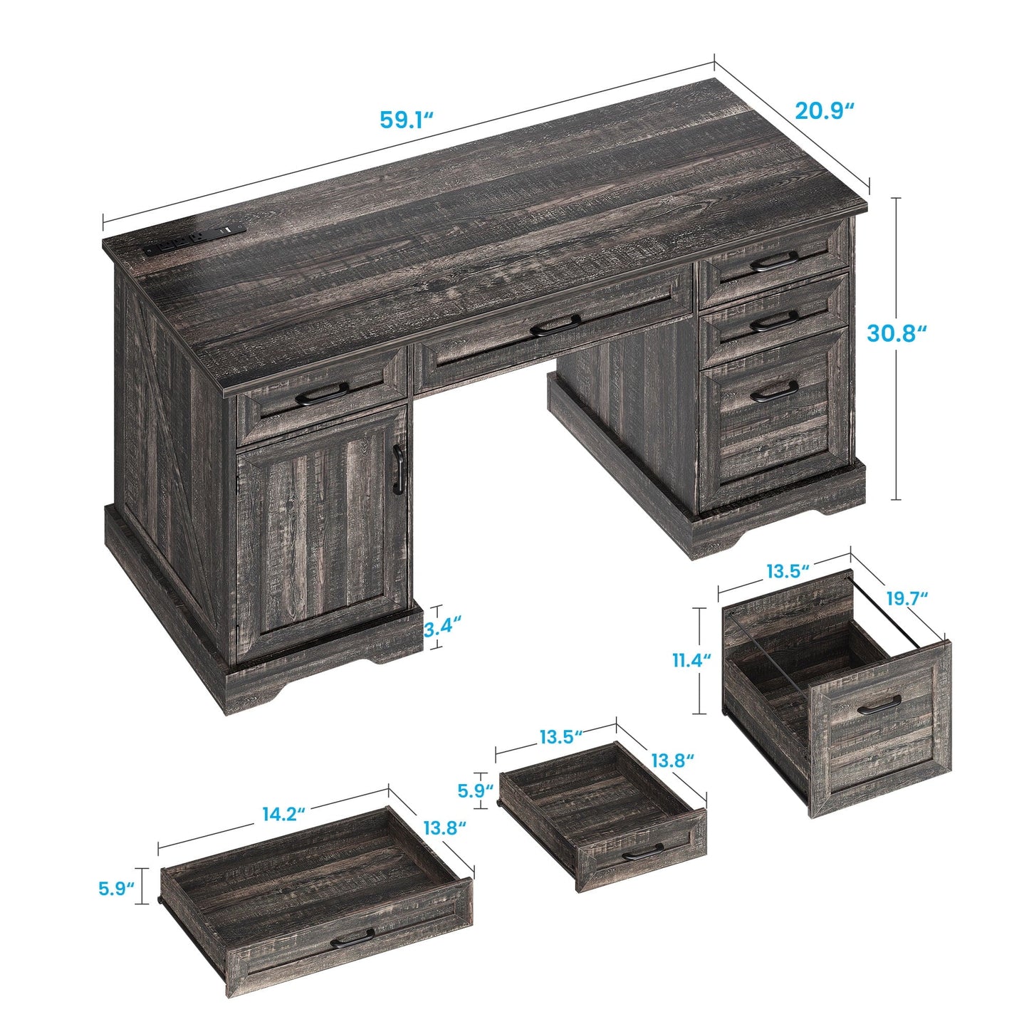 Home Office Desk with File Cabinet and Drawers, 59" Executive Desk with USB Power Outlet, Storage Cabinet for CPU, Workstation Table for Study, Dark Oak