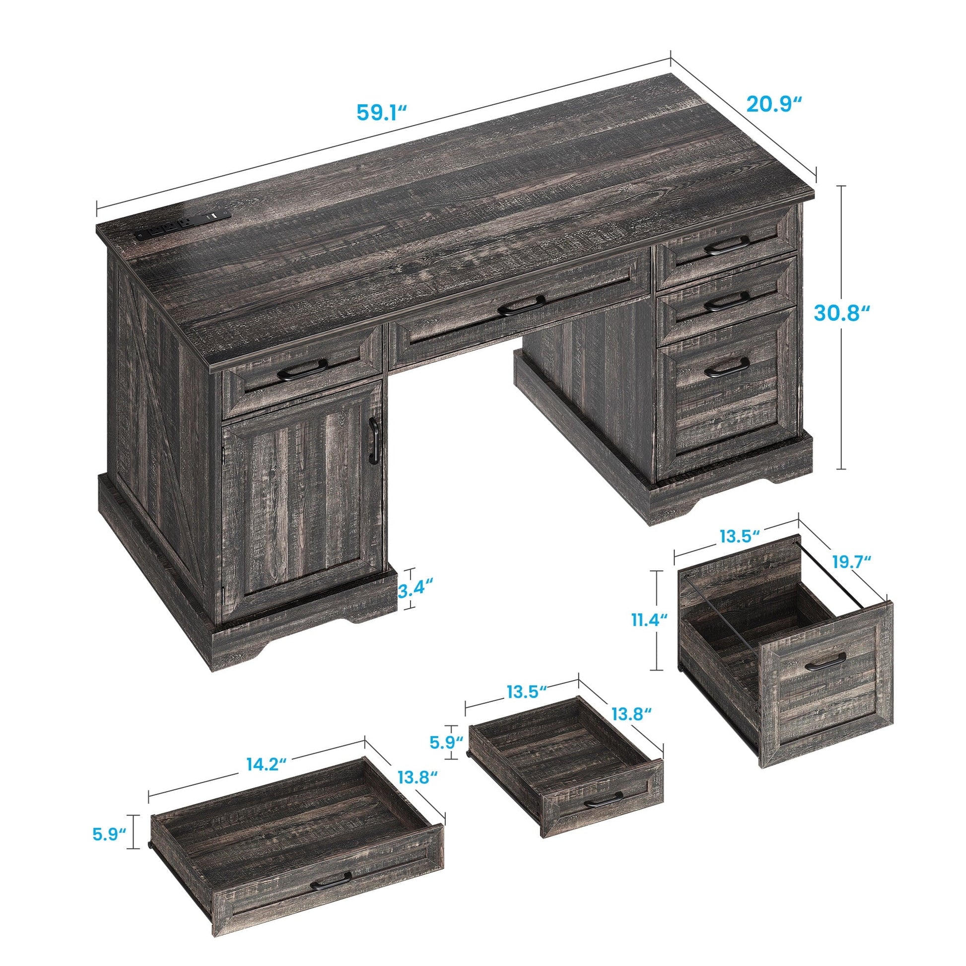 Home Office Desk with File Cabinet and Drawers, 59" Executive Desk with USB Power Outlet, Storage Cabinet for CPU, Workstation Table for Study, Dark Oak