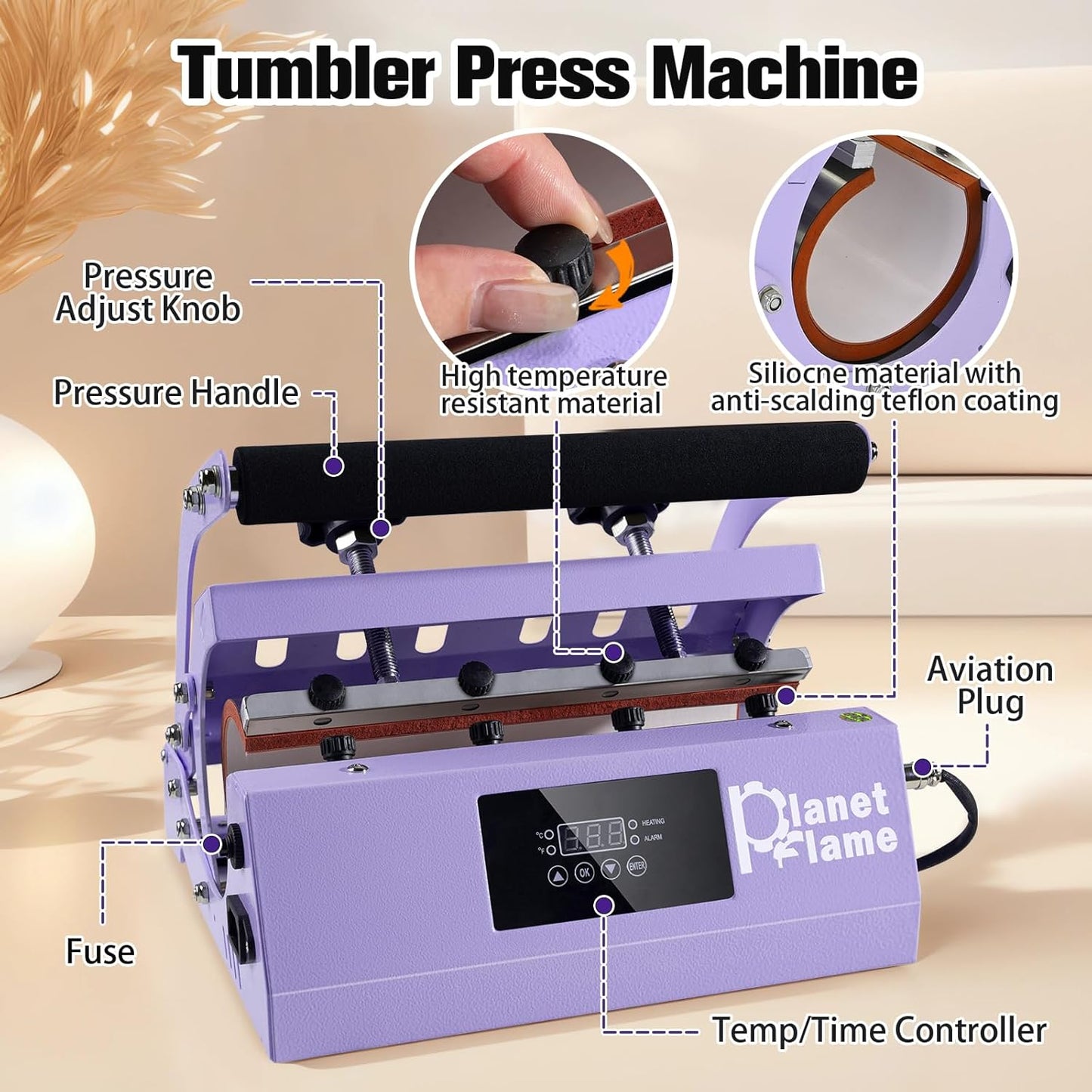 Tumbler and Hat Heat Press Machine, 2-In-1 Combo Machine for Cup and Cap with Gloves and High Temp Heat Resistant Tape for 11Oz-30Oz Sublimation Tumbler and All Caps, Purple