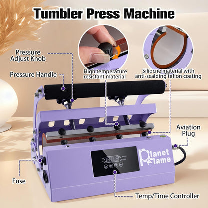 Tumbler and Hat Heat Press Machine, 2-In-1 Combo Machine for Cup and Cap with Gloves and High Temp Heat Resistant Tape for 11Oz-30Oz Sublimation Tumbler and All Caps, Purple