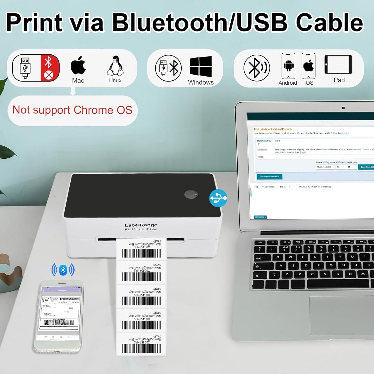 Ecommerce Shipping Label Printer, Thermal 4X6 Label Printer, 300 DPI, Bluetooth & USB, Compatible with Ios, Android, Windows, USPS, Pirate Ship, Shippo, Amazon, Ebay, Shopify
