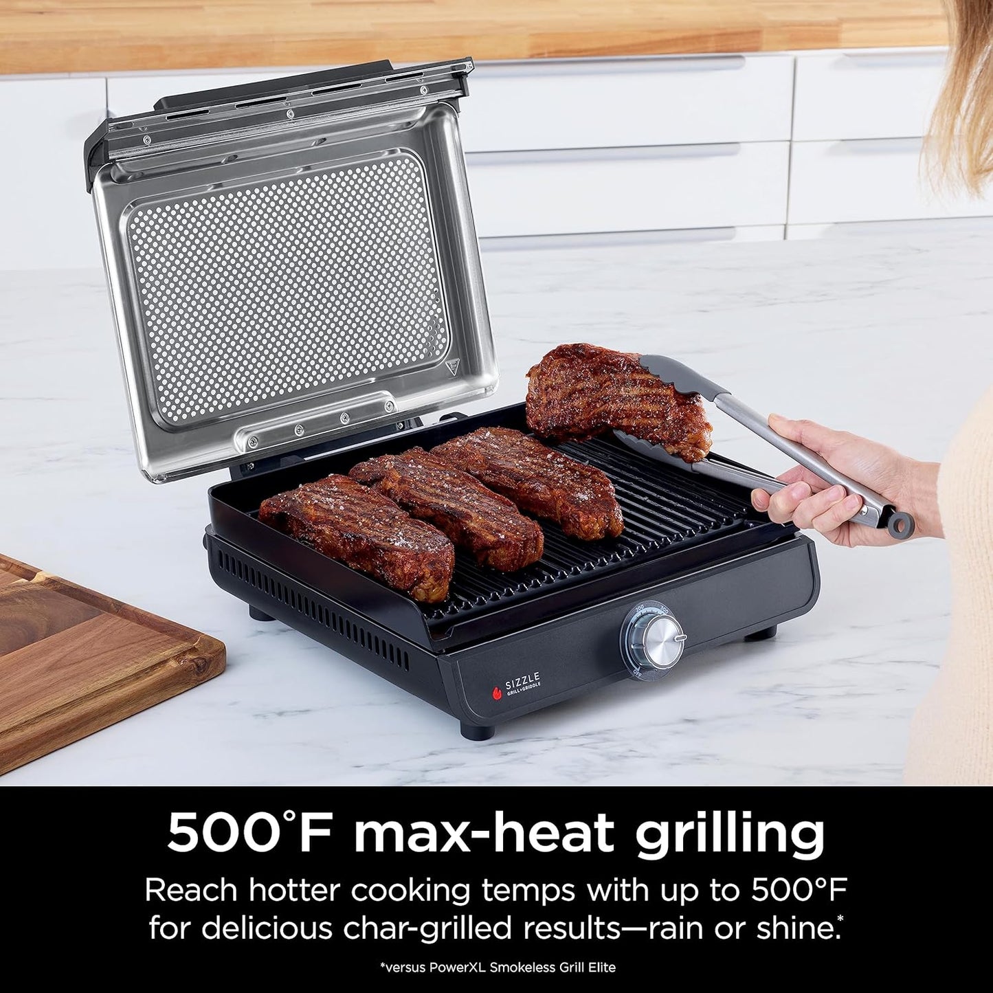 Ninja® Sizzle™ Indoor Grill & Griddle, 14'', 500°F, Grey/Silver, GR101 | Interchangeable Nonstick Grill & Griddle Plate, Dishwasher-Safe Lid, 500°F Edge-To-Edge Heat for Perfect Char-Grilled Marks.