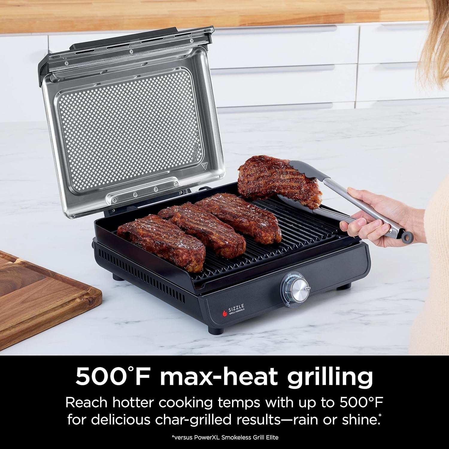 Ninja® Sizzle™ Indoor Grill & Griddle, 14'', 500°F, Grey/Silver, GR101 | Interchangeable Nonstick Grill & Griddle Plate, Dishwasher-Safe Lid, 500°F Edge-To-Edge Heat for Perfect Char-Grilled Marks.
