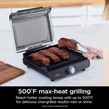 Ninja® Sizzle™ Indoor Grill & Griddle, 14'', 500°F, Grey/Silver, GR101 | Interchangeable Nonstick Grill & Griddle Plate, Dishwasher-Safe Lid, 500°F Edge-To-Edge Heat for Perfect Char-Grilled Marks.