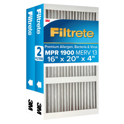 Filtrete Air Filter 4”, MPR 1900 MERV 13, Premium Allergen, Bacteria and Virus Filter, Electrostatic Air Cleaning Deep Pleat Filter, 2-Pack