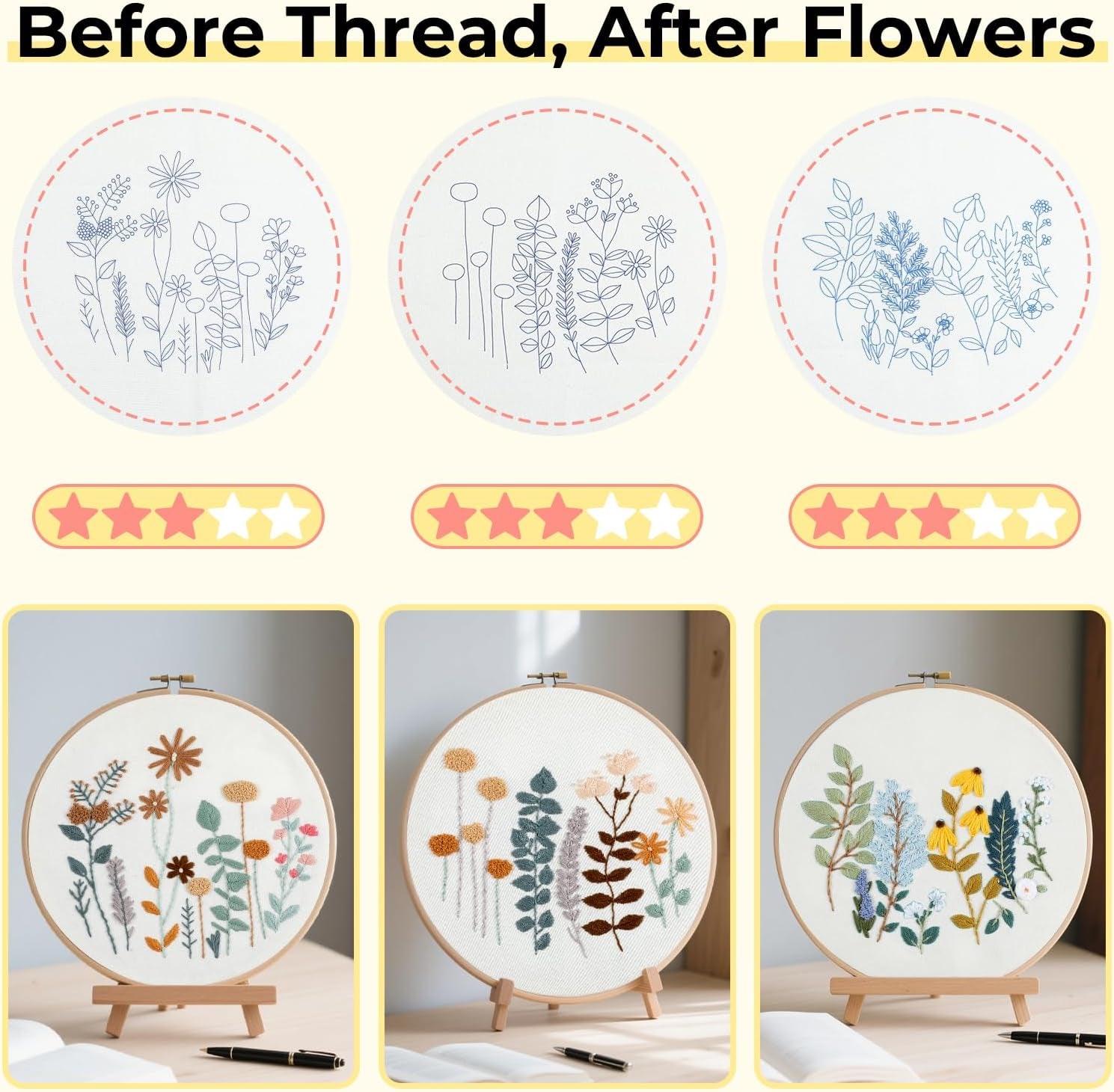 Embroidery Kit for Beginners- 3 Pcs Needlepoint Kits for Adults with Step by Step Video, Flower Beginner Embroidery Kit for Adults, Pre-Printed Patterns for Gift for Women
