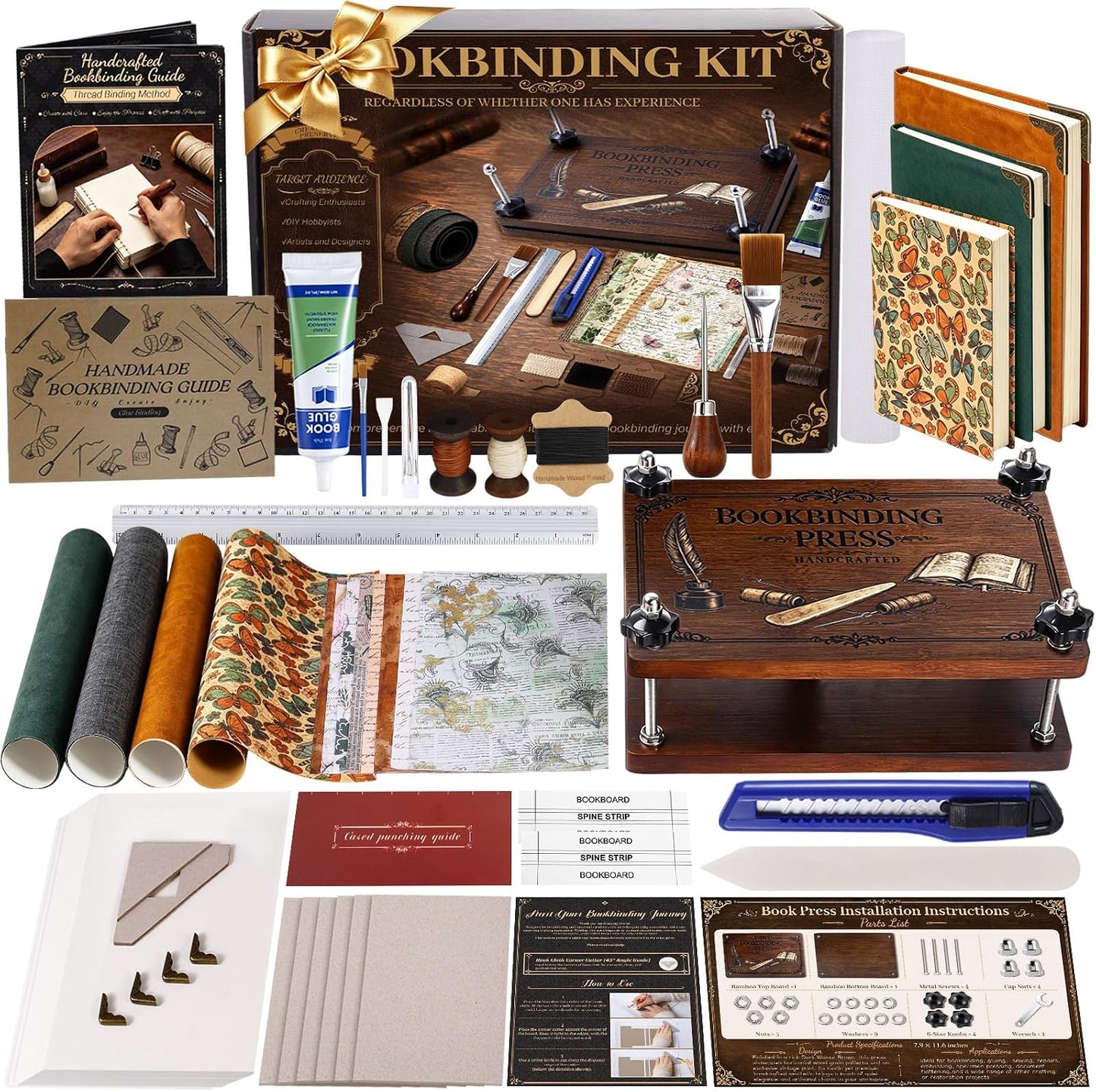 FOGWOWO 152Pcs Book Binding Kits with 7.9" X 11.6" Book Press for DIY Craft | Book Binding Kit for Beginners,Bamboo Bookbinding Press,Book Making Kit,Book Binding Material with Instruction Video Tutorial