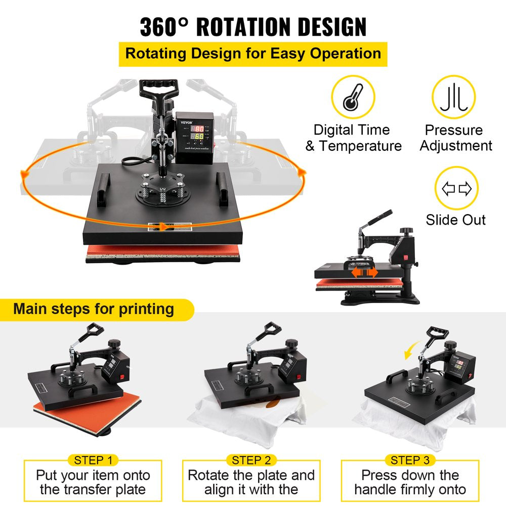 Heat Press Machine 15"X15" 8 in 1 Combo Digital Multifunctional Sublimation Heat Transfer Machine Dual LED Display 360 Degree Rotation Swing Away