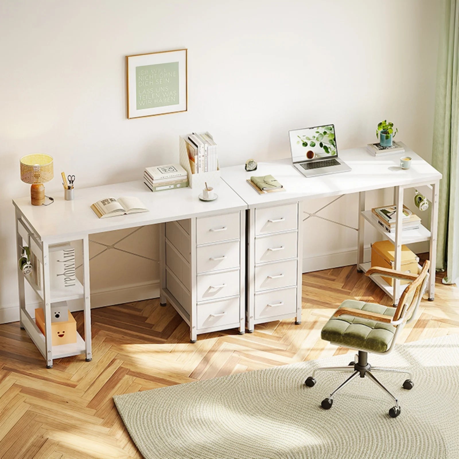 Computer Desk with Drawers & Storage Shelves, 40 Inch Corner Desk for Home Office Bedroom, Small Teen PC Desks with Fabric Drawer, White