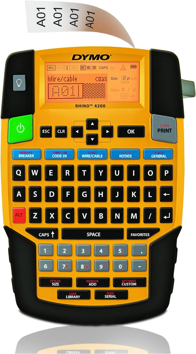 DYMO Industrial Label Maker | Rhino 4200 Label Maker Time-Saving Hot Keys Prints Fast Durable for Job Sites and Heavy-Duty Labeling Jobs
