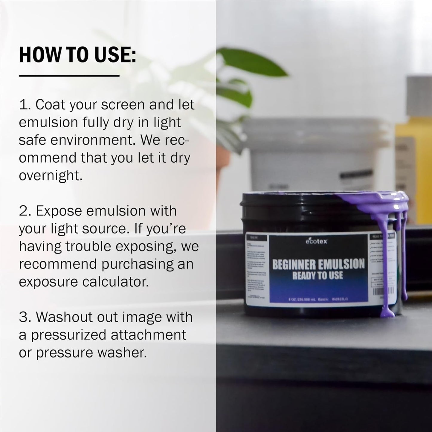 Ecotex® Beginner Screen Printing Emulsion (8 Oz.) - Pre-Sensitized Ready to Use Photo Emulsion for Silk Screens and Fabric - for Plastisol Ink and Water Based Ink, Screen Printing Supplies