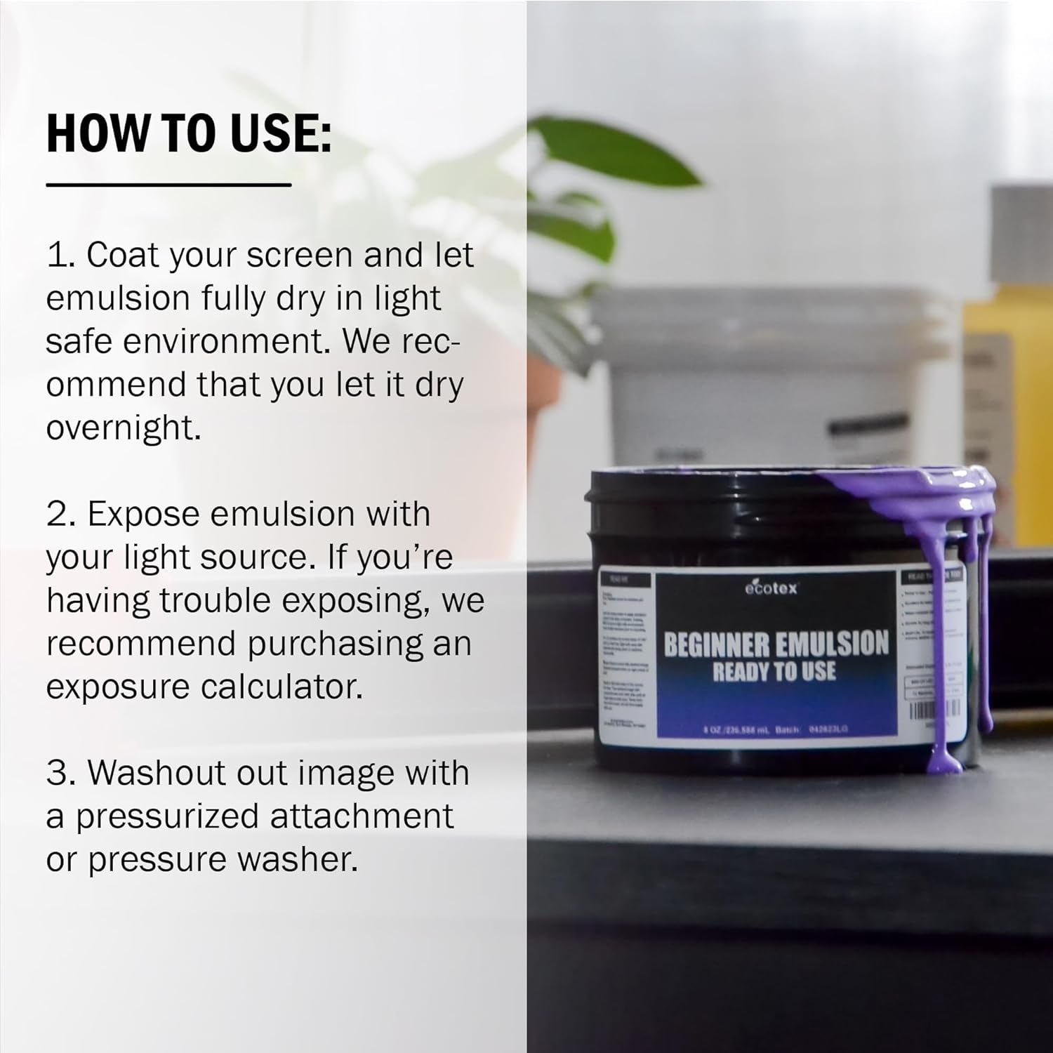 Ecotex® Beginner Screen Printing Emulsion (8 Oz.) - Pre-Sensitized Ready to Use Photo Emulsion for Silk Screens and Fabric - for Plastisol Ink and Water Based Ink, Screen Printing Supplies
