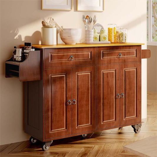 Kitchen Islands with Storage, Kitchen Island Cart with Wood Drop Leaf and Lockable Wheels, Brown