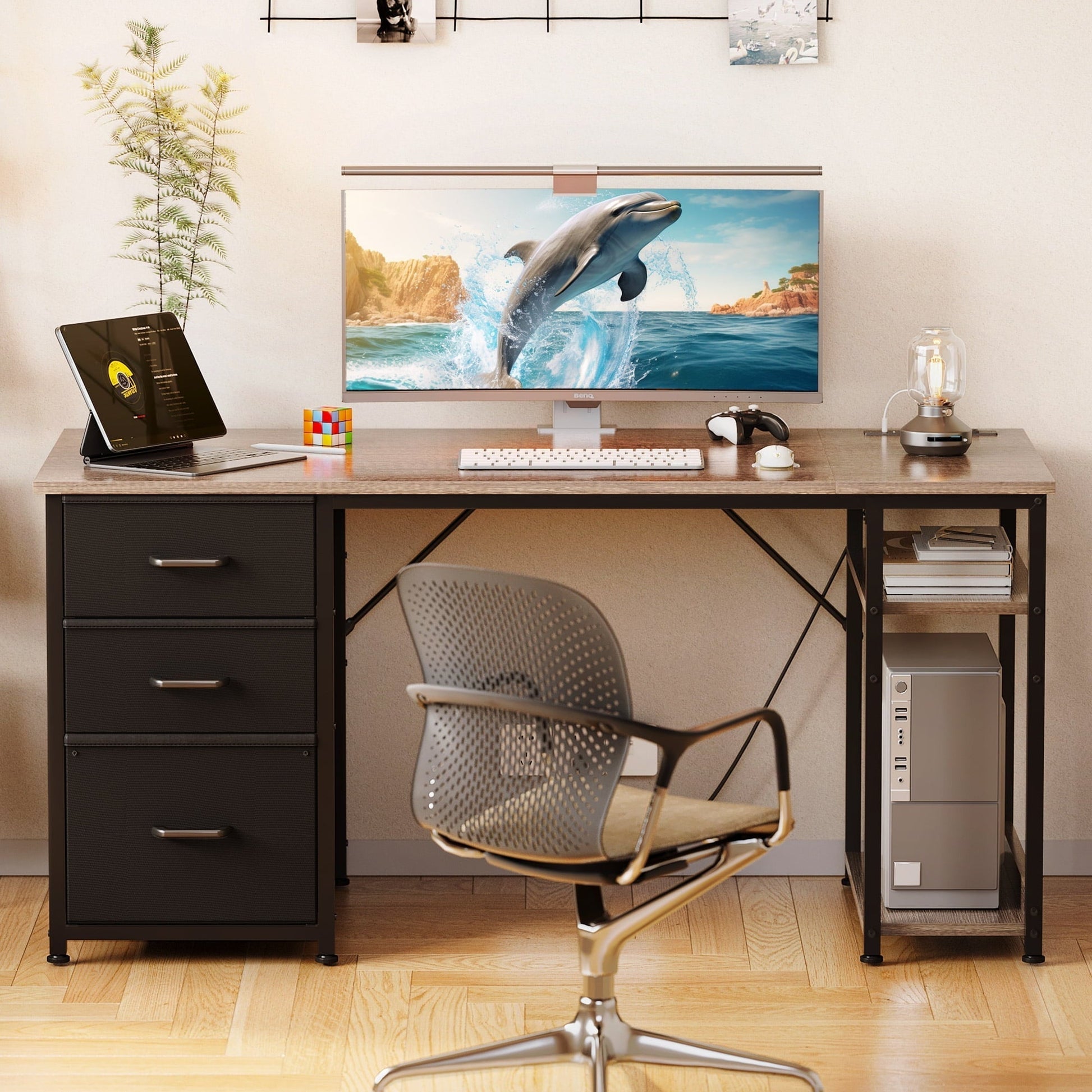 51 Inch Computer Desk with File Drawers & USB Power Outlets- Reversible Home Office Desk with Storage Shelves, Work from Home, Writing Table for Bedroom, Gray Oak