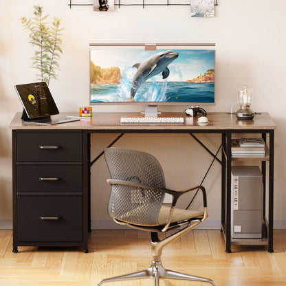 51 Inch Computer Desk with File Drawers & USB Power Outlets- Reversible Home Office Desk with Storage Shelves, Work from Home, Writing Table for Bedroom, Gray Oak