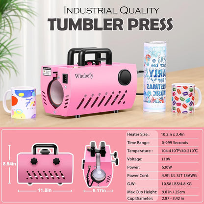 11-30 OZ Tumbler Heat Press Machine, Mug Cup Heat Press DIY Sublimation for 11OZ 16OZ 20OZ 30OZ Skinny Tumblers Glass/Ceramic/Aluminium Mug Coffee Cup, Pink Cup Press with 20 Heat Papers/Tape/Gloves