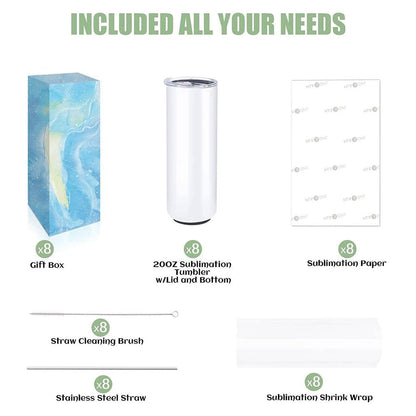 8 Pack Sublimation Blanks Tumblers 20 OZ Skinny Stainless Steel Mugs with Box, Paper and Straw