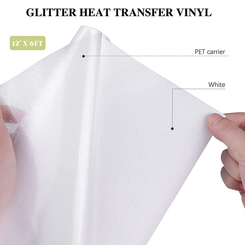 White 10" X 8FT Glitter Heat Transfer Vinyl Iron on HTV Vinyl for Cricut T-Shirt