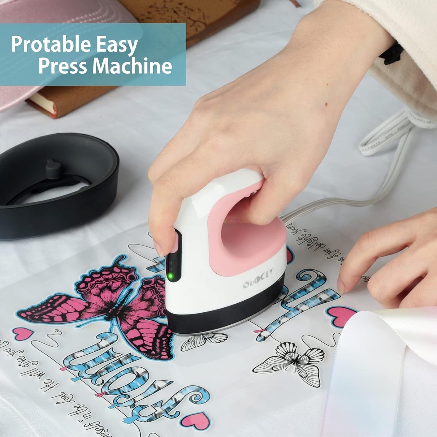 Mini Heat Press Machine, Mini Irons for Crafts,Portable Heat Press Easy for T-Shirts, Shoes, Hats and Small HTV Vinyl Projects Transfer(Pink)