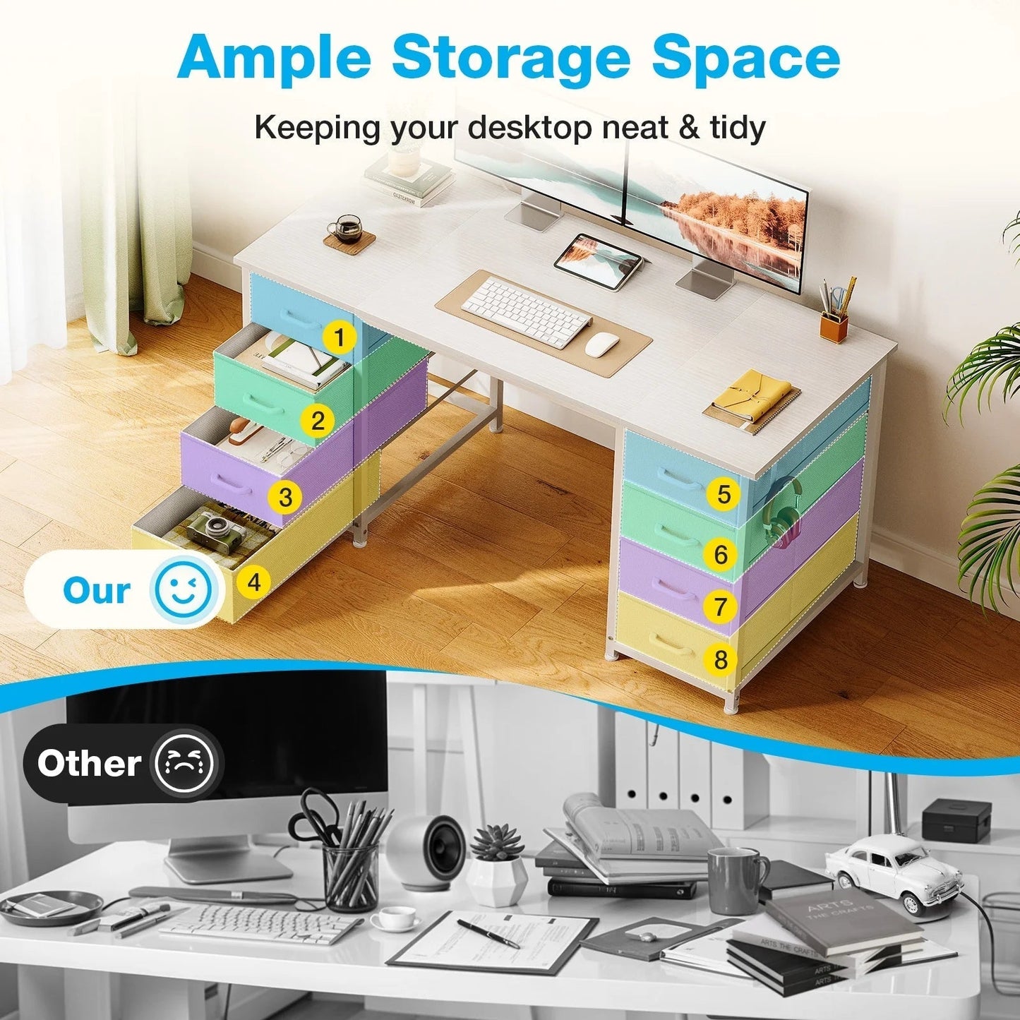 White Computer Desk with Drawers for Storage - 48 Inch Home Office Desk with 8 Fabric Drawers, Writing Study Desk with Drawers on Both Sides for Bedroom