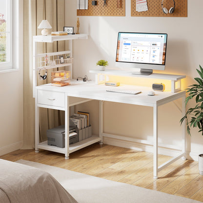 39.4" W Gaming Desk with LED Light Coner Desk with Drawers PC Desk with Reversible Shelves, White