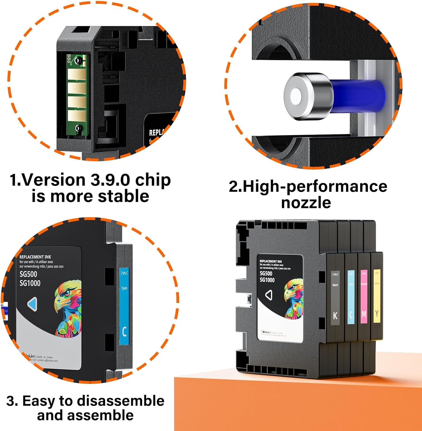 3.9.0 SG500 SG1000 Sublimation Ink Cartridges Replacement for Sawgrass SG500 and SG1000 Printers, Compatible with Firmware Version 3.09 or Earlier (BK, C, M, Y, 4PK)