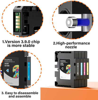 3.9.0 SG500 SG1000 Sublimation Ink Cartridges Replacement for Sawgrass SG500 and SG1000 Printers, Compatible with Firmware Version 3.09 or Earlier (BK, C, M, Y, 4PK)