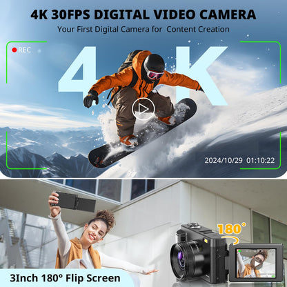 4K Digital Camera for Photography Autofocus, 2024 Latest 48MP Vlogging Camera for YouTube with SD Card, 2 Batteries, 3" 180°Flip Screen Compact Travel Camera for Teens with 16X Zoom, Anti-Shake,Black