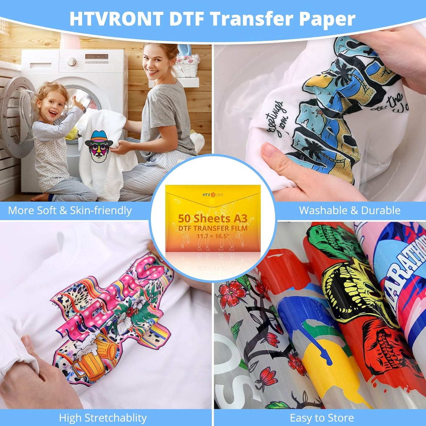 HTVRONT DTF Transfer Film for Sublimation - 50 Sheets of A3 (11.7×17") DTF Paper for Inkjet Printers, Direct to Film Transfer Paper for Cotton T Shirts, Easy to Use, Vivid Colors, Easy to Indentify