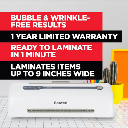 Scotch Rapid Thermal Laminator, Ready in 1 Minute, Never Jam Technology Automatically Prevents Misfed Items, 9 Inch, Includes 2 Pouches (TL909X-EF), 1 Packs per Case